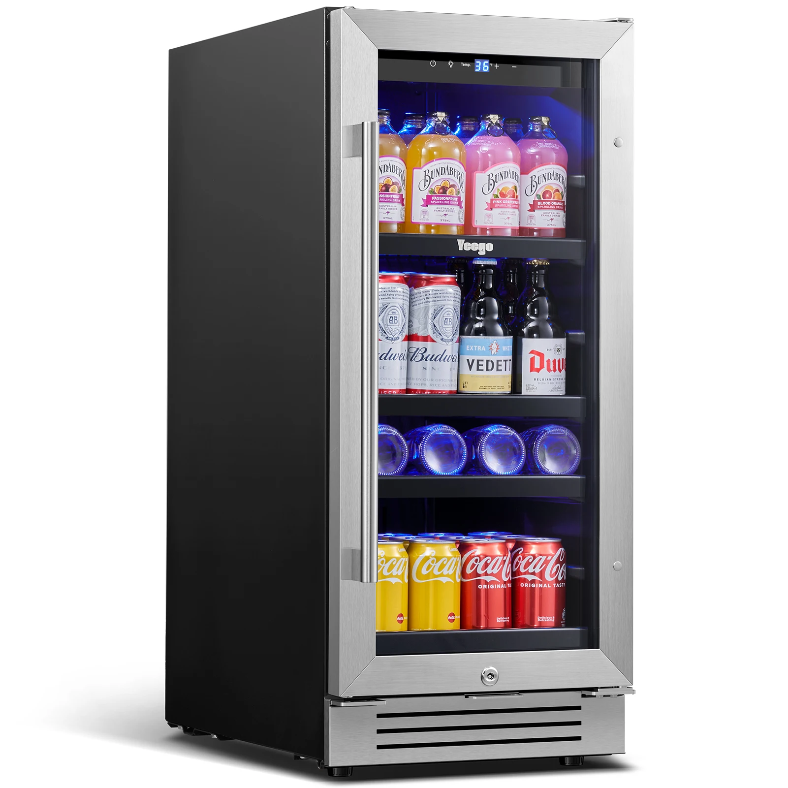 Yeego 85L Beverage & Wine Cooler – Sleek Stainless Steel Fridge with 80-Can Capacity, Adjustable Temperature, and Secure Lock