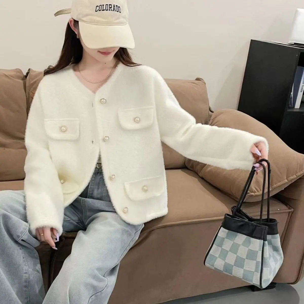 Dames faux nertsbont gebreid vest 2025, herfst winter trui met lange mouwen, mode bovenkleding