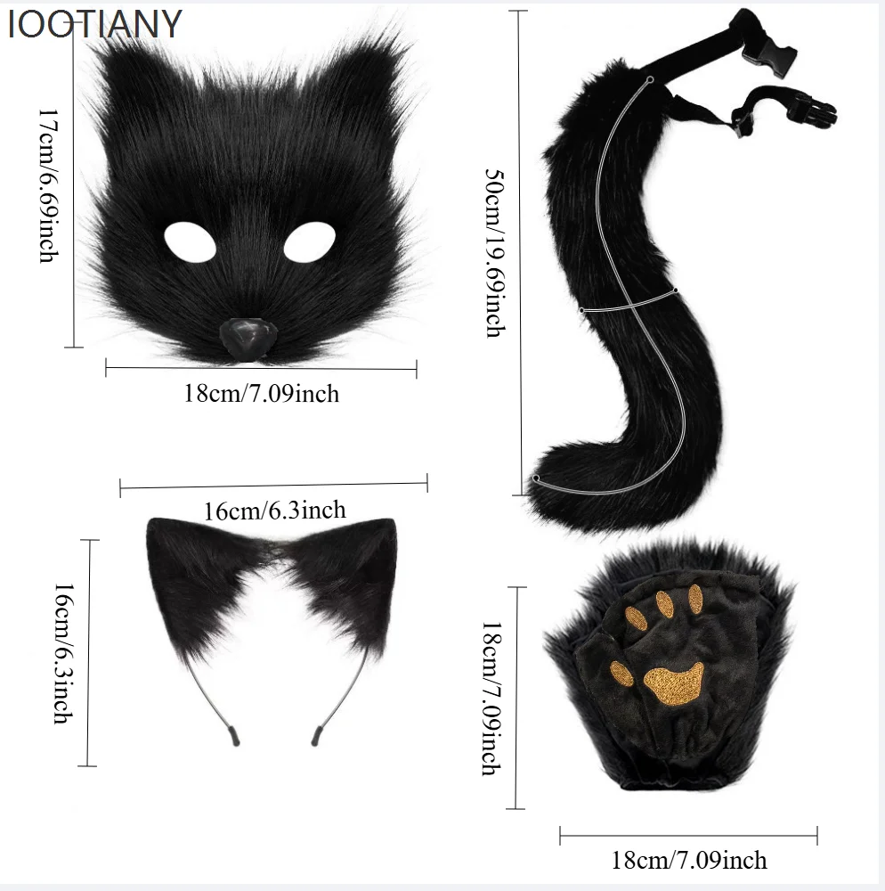 Kawaii lolita 4 peças de pelúcia animal raposa máscara com orelhas bandana e cauda conjunto anime convenção festa cosplay acessórios adereços