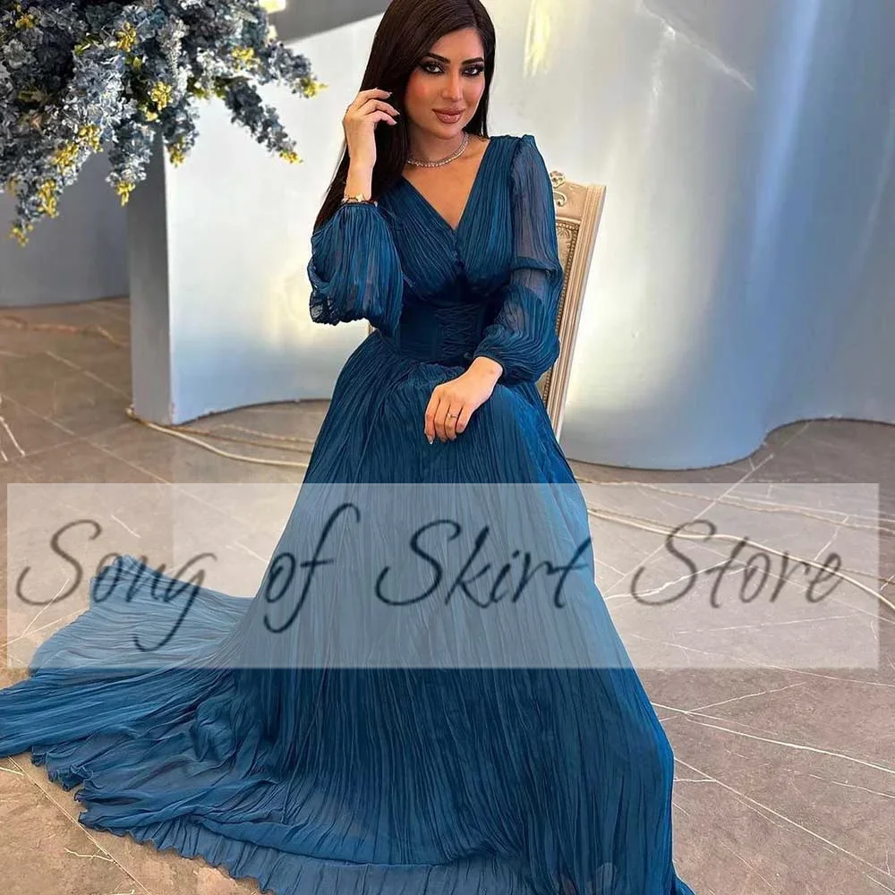 Customized Dubai Arab Solid Evening Dress V-Neck Long Sleeve Pleated Cinched Waist Chiffon Prom Formal Occasion Party Gown