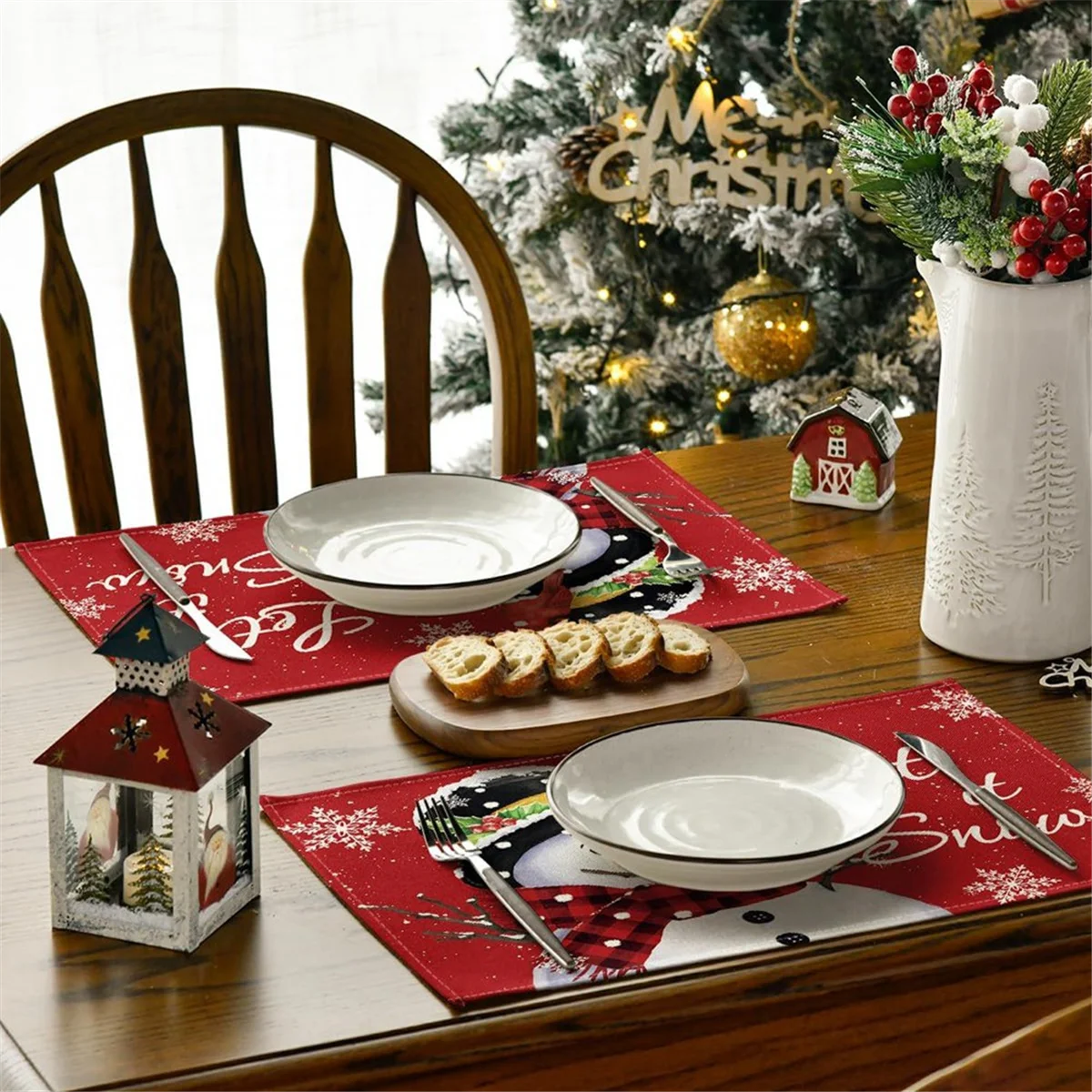 Red Christmas Winter Placemats Set of 6, 12X18 Inch Seasonal Christmas Holiday Table Mats