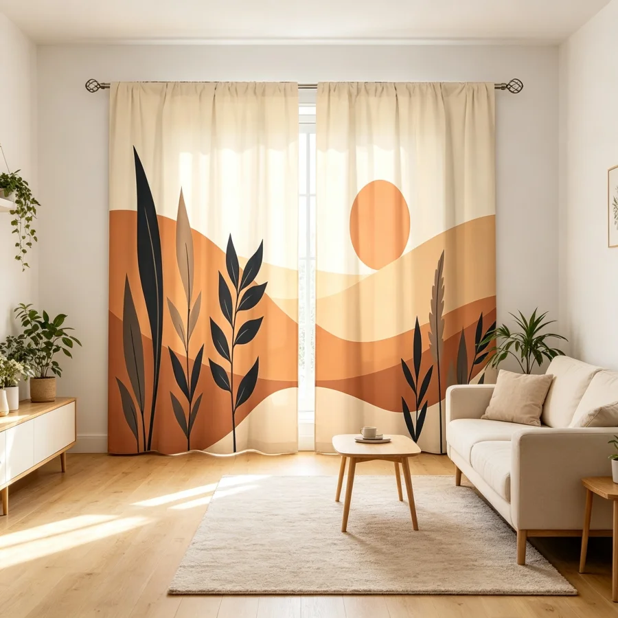 2PCS Digital Print Curtain, Sunset Rolling Hills Landscape, Warm Golden Hour Nature Scenic Style for Living Room Bedroom Decor