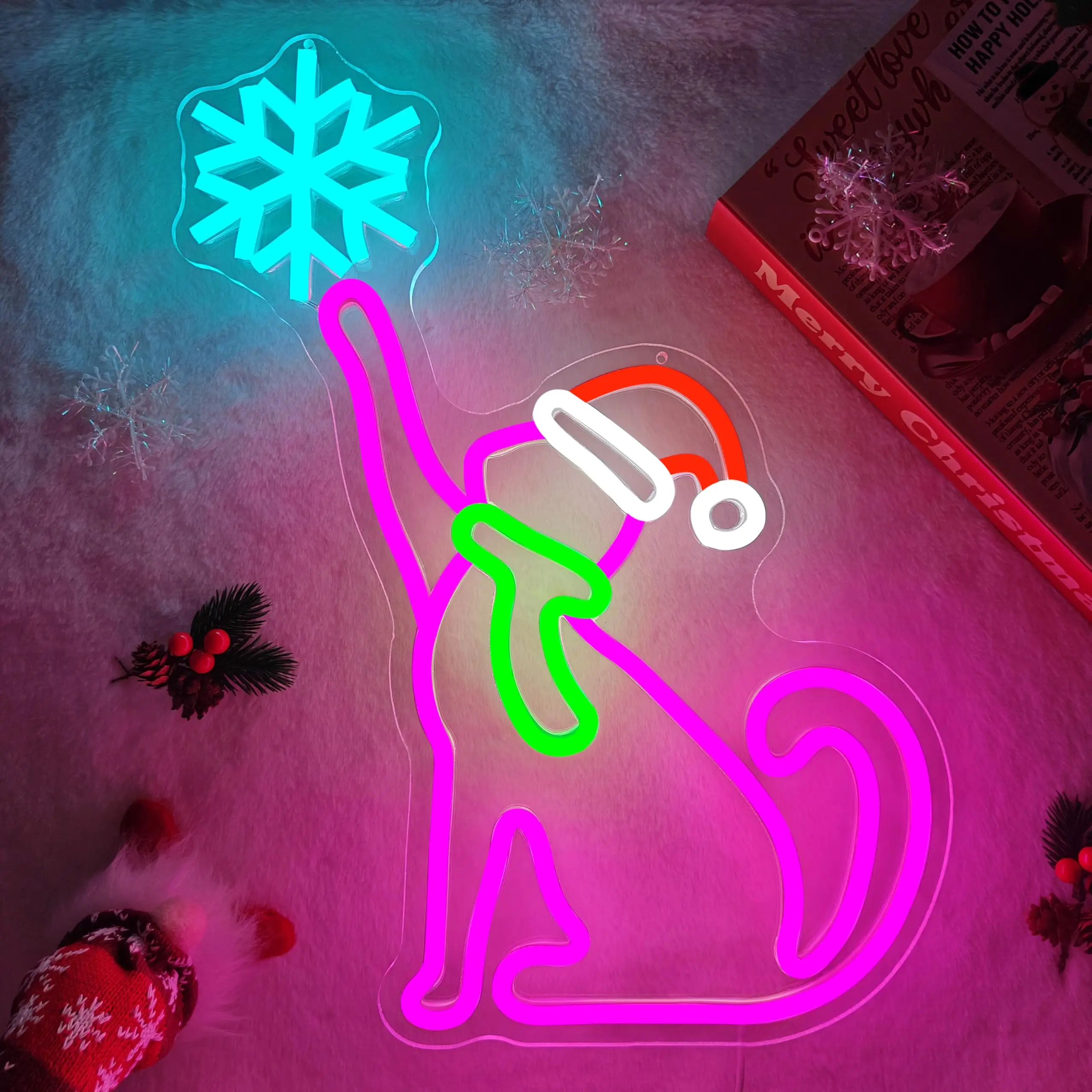 ピンクの猫のクリスマスネオンサイン、壁飾り用、調光スイッチ付き、雪の結晶ライトアップサイン、ホリデーパーティー、子供部屋、女の子へのプレゼント