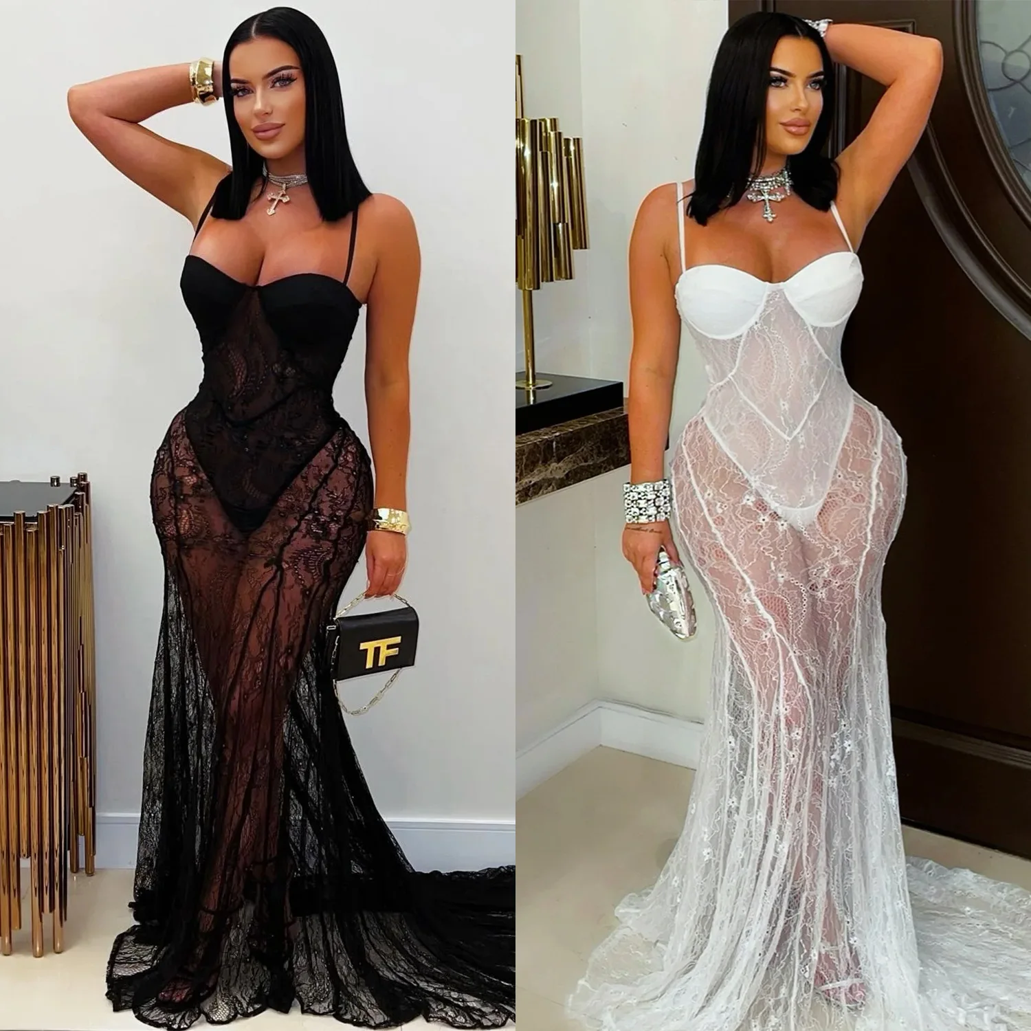 

Sexy See Through Lace Mermaid Evening Dresses Women Wedding Nightclub Spaghetti Strap Strapless Club Party Long Dress Elegant