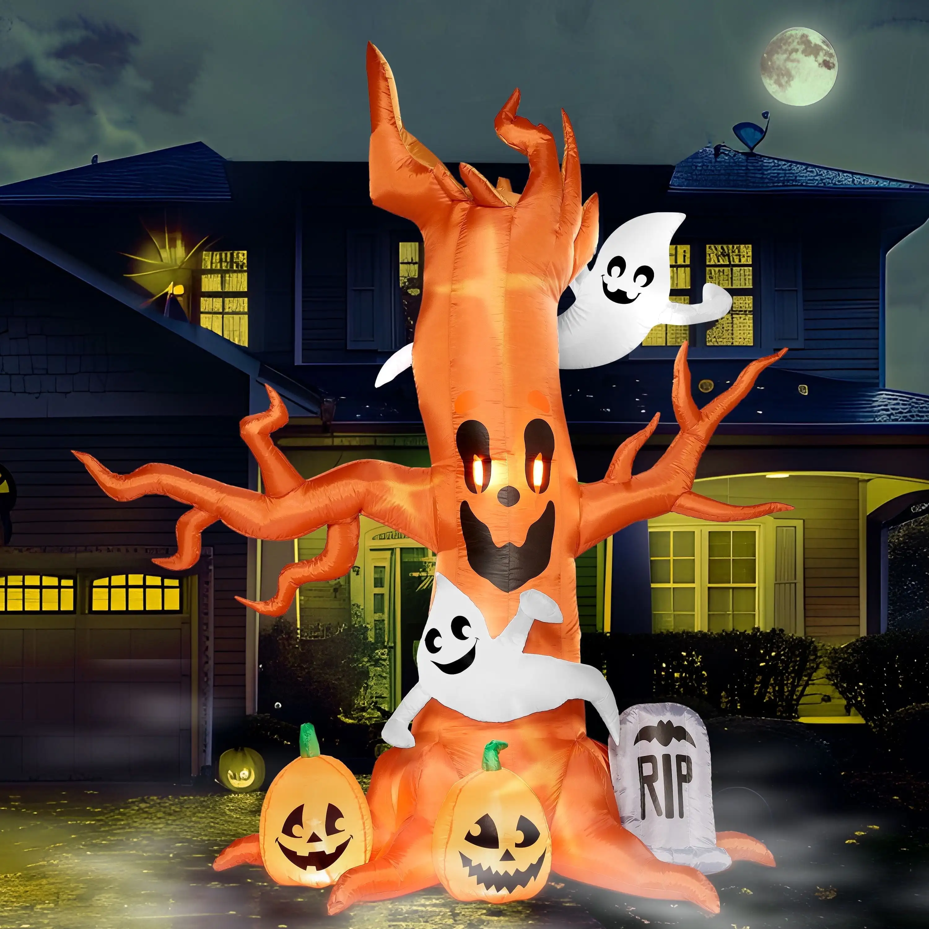Joyfy Albero spaventoso gonfiabile di Halloween da 8 piedi Albero di Halloween con fantasma e LED incorporati Gonfiabili di Halloween da cortile gonfiabili