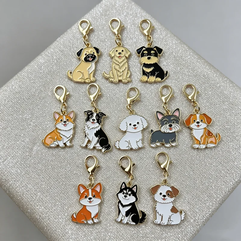 11-teiliges Set Niedliche Cartoon-Hunde-Schlüsselanhänger aus Emaille-Legierung, Welpen-Charms, Corgi, Husky, Pudel, Bulldogge, Schnauzer für Taschen, Geldbörsen, Rucksäcke und Autoschlüssel – Detail 1