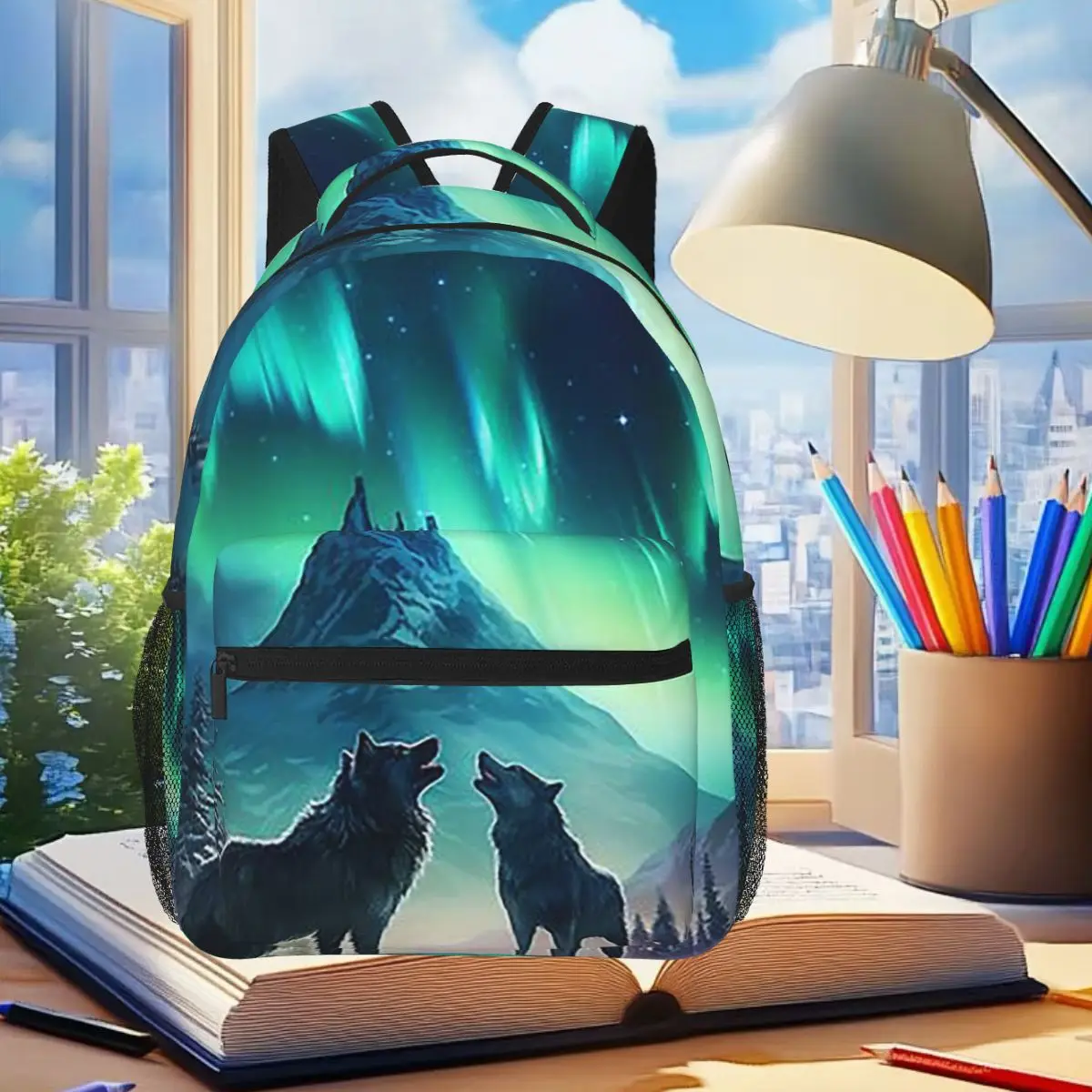 Mochila con diseño de lobo, aurora boreal, paisaje, montañas, ríos, árboles, mochila para estudiantes, niños y niñas, mochila escolar para niños
