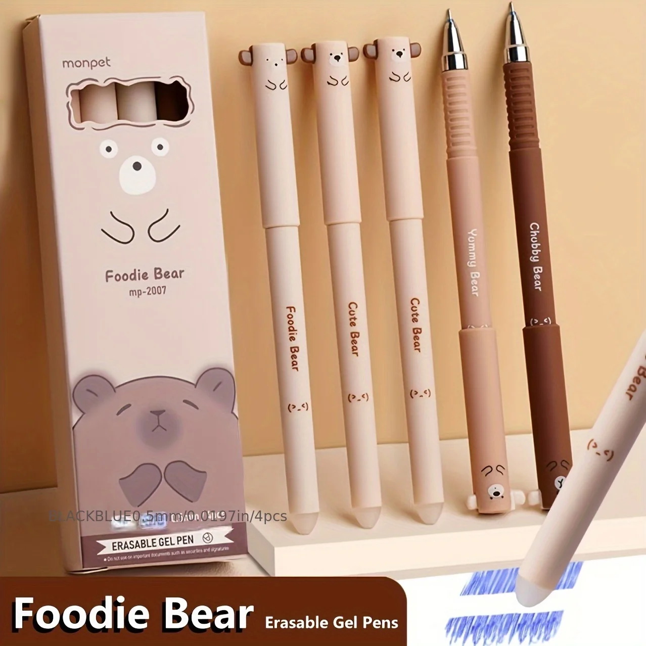 4pcs Cute Animal Erasable Gel Pen Set Medium Point, Quick Drying, Plastic, Cartoon Bear & Elephant Design for Office Accessories