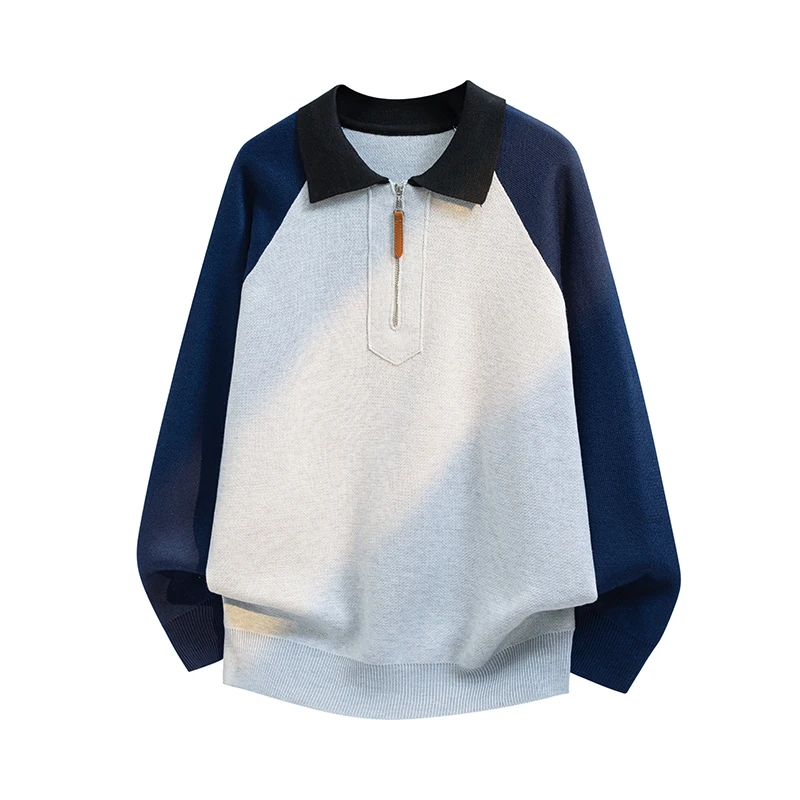 

Мужской вязаный свитер в стиле кэжуал с контрастными вставками, отложным воротником, длинными рукавами, из полиэфирного волокна, в американском ретро-стиле.