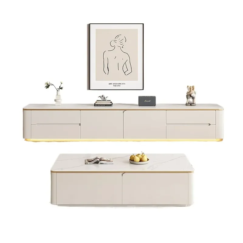Modern Solid Wood Rock Panel TV Cabinet and Coffee Table Combo Light Luxury Floor Storage Unit for Small Apartment Living