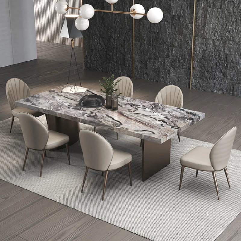 Venice Brown Marble Modern Minimalist Metal Rectangular Household Bright Luxury Stone Dining Table