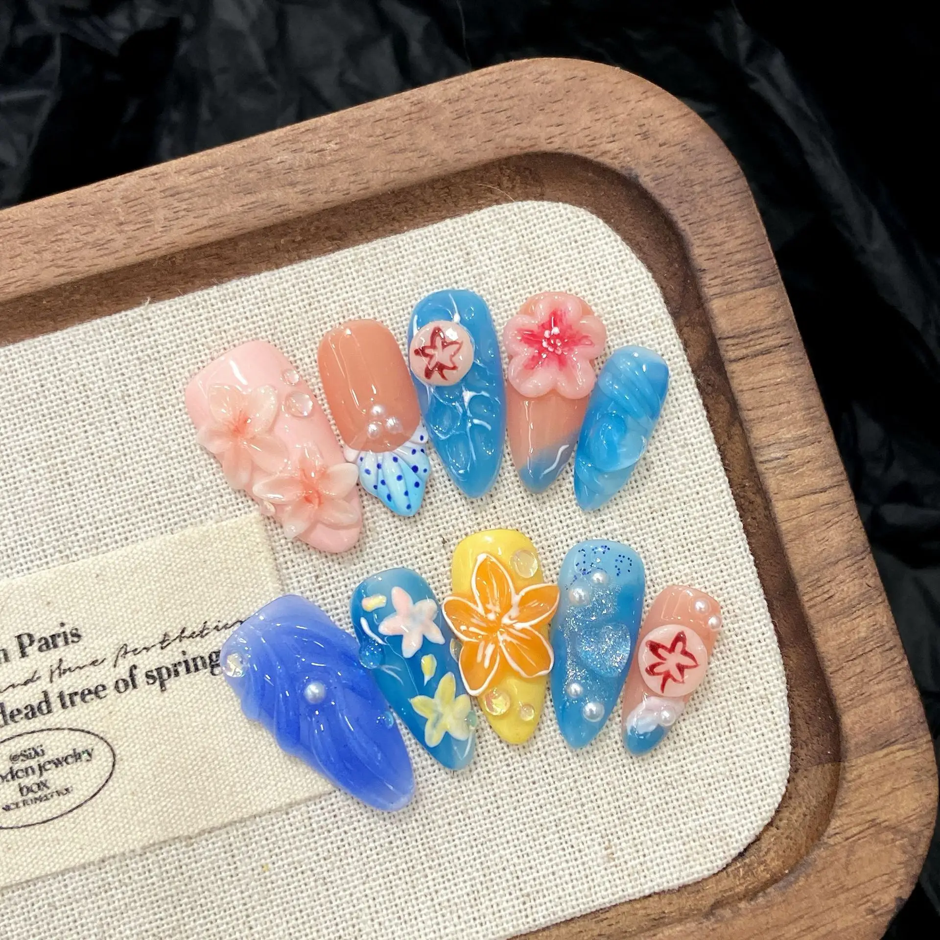 10pcs Pure Hand Pressed Almond Nail Art,Nice Fake Nails,Colorful Summer Ocean Style, Jellyfish Flower Starfish,Ideal For Women