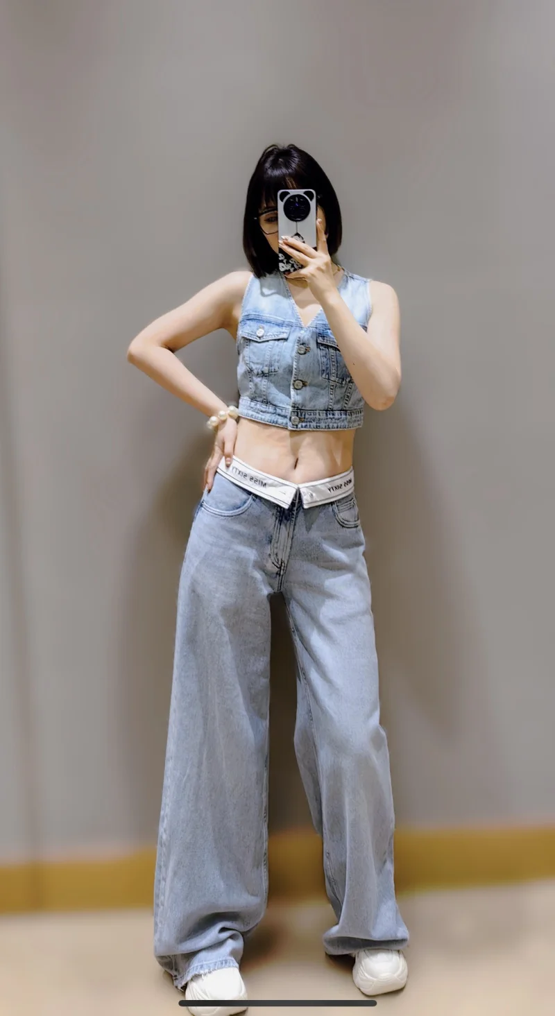 LIBIELIY Spring New Women's 1975 Series Washed Products Tooling Style Short V-neck Denim Vest Top