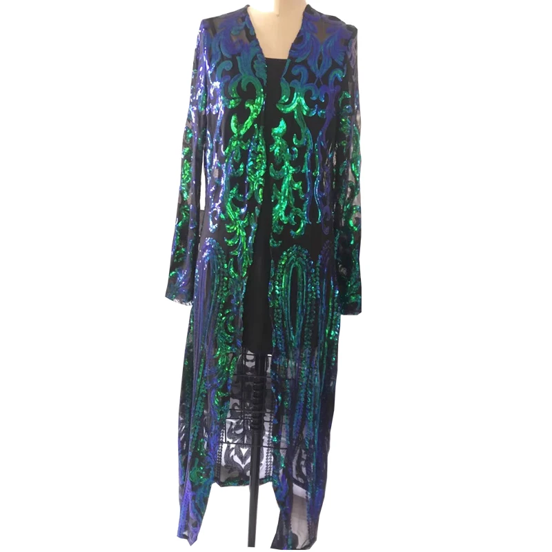 Cárdigan largo de lentejuelas de colores brillantes para mujer, chaqueta transparente de malla, punto abierto, elegante, informal, Ouro Lantejoula,