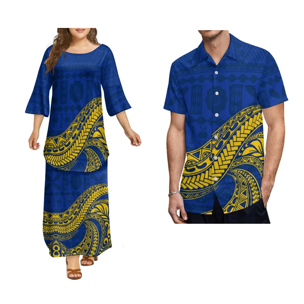 Factory Direct Custom Polynesian Ladies Puletasi Long Sleeve Crew Neck Dress Loose Set Skirt Men'S Pocket Shirt Couple Clothing