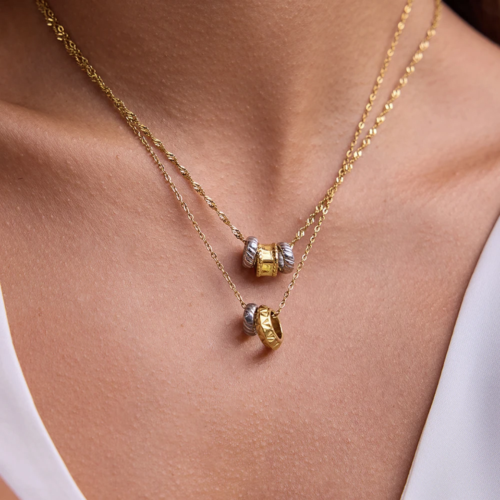 

AIKOER Classic Personalized 18K Gold Color Plated Color blocked Three Layer Pendant Necklace Waterproof Stainless Steel Jewelry