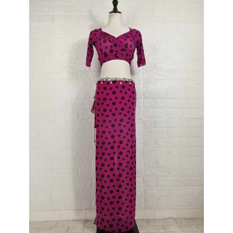 

Индивидуальный костюм для танца живота с волнистой точкой, комплект тренировочной одежды с дизайном грибовидных краев, платье для соревнований по образованию для взрослых