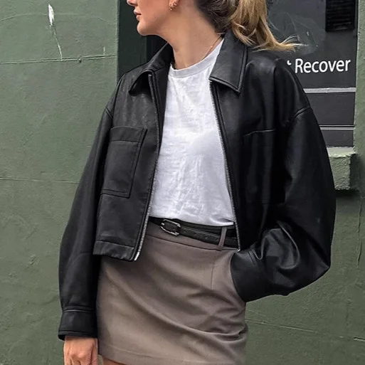 Giacca in pelle con colletto di fascia alta opaca 2025 Autunno e inverno Nuova giacca corta ampia e snellente