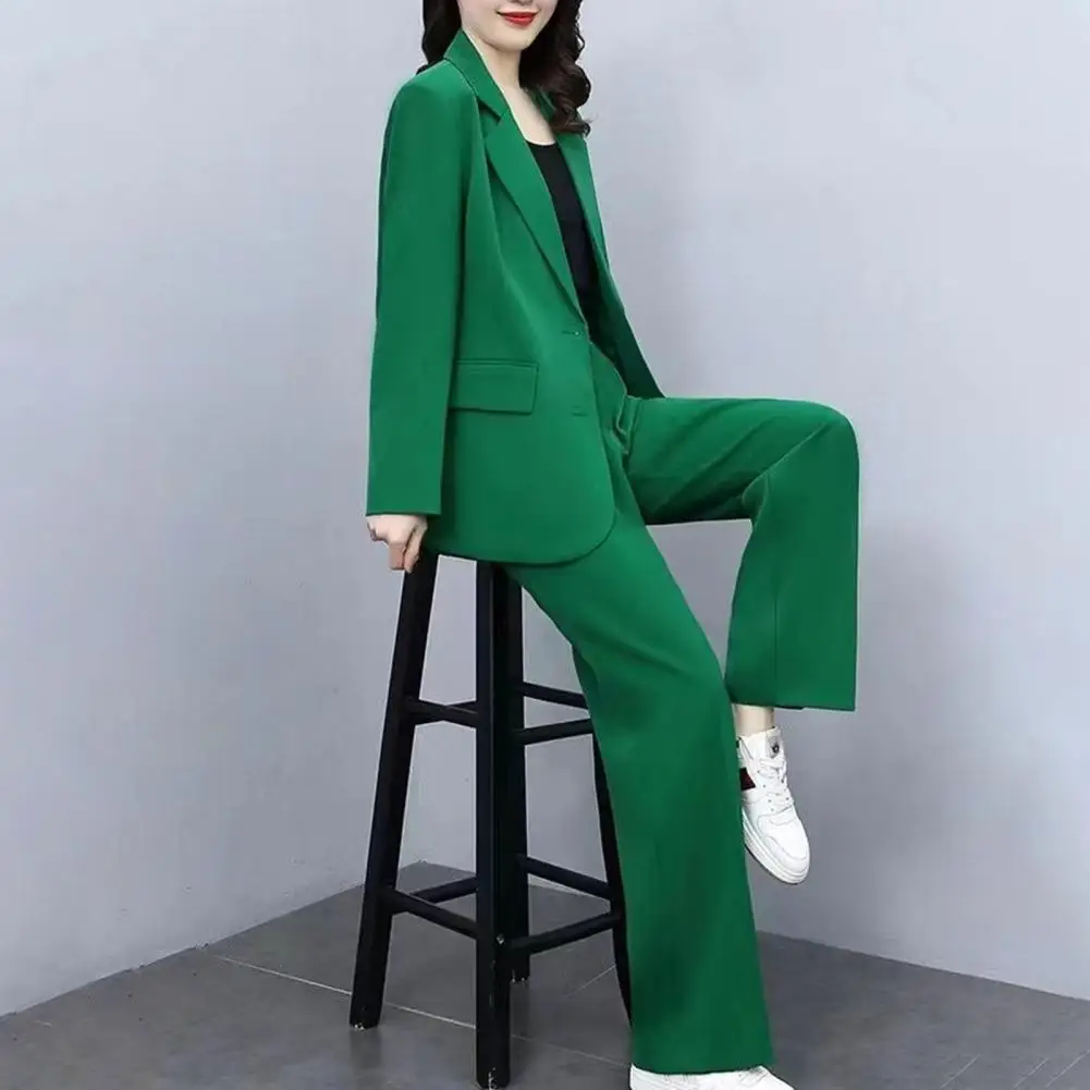 Business Coat Pants Suit Formal Business Style Women\'s Coat Pants Suit Set with Lapel Button Closure Long Sleeve Cardigan Wide