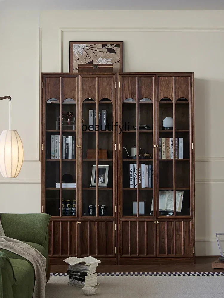 

FF cqySolid Wood Vintage Bookcase Black Walnut Middle Ancient Glass Door Display Cabinet Living Room Wine Cabinet Study Storage