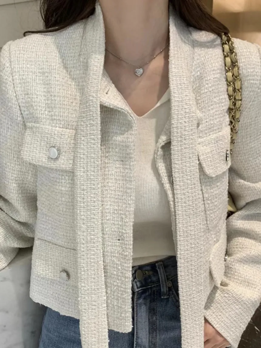 

Ele ort Women's with Bow Tie Tweed Long Sve Korean Sle Loose Fit Autumn Faion High Quali Polyester