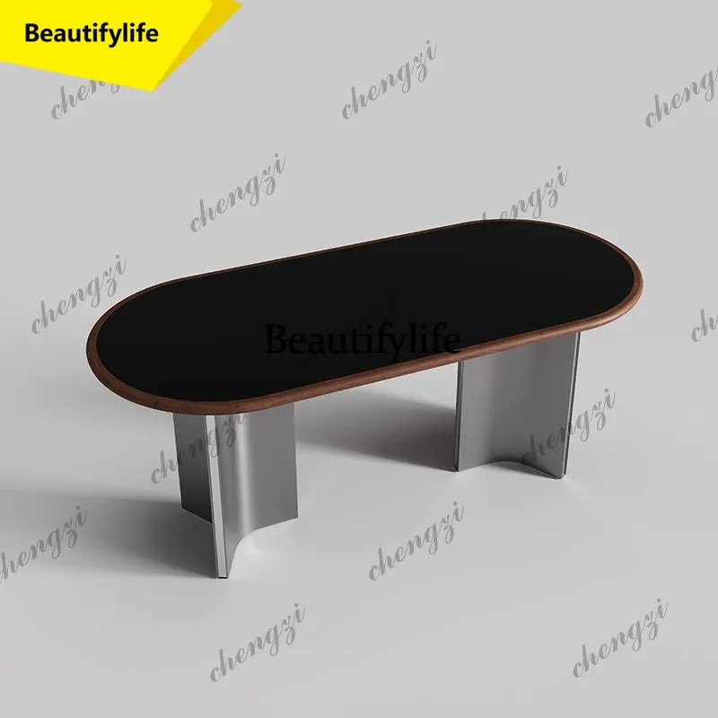 A17 Embedded rock slab solid wood oval dining table household small apartment simple light luxury high sense