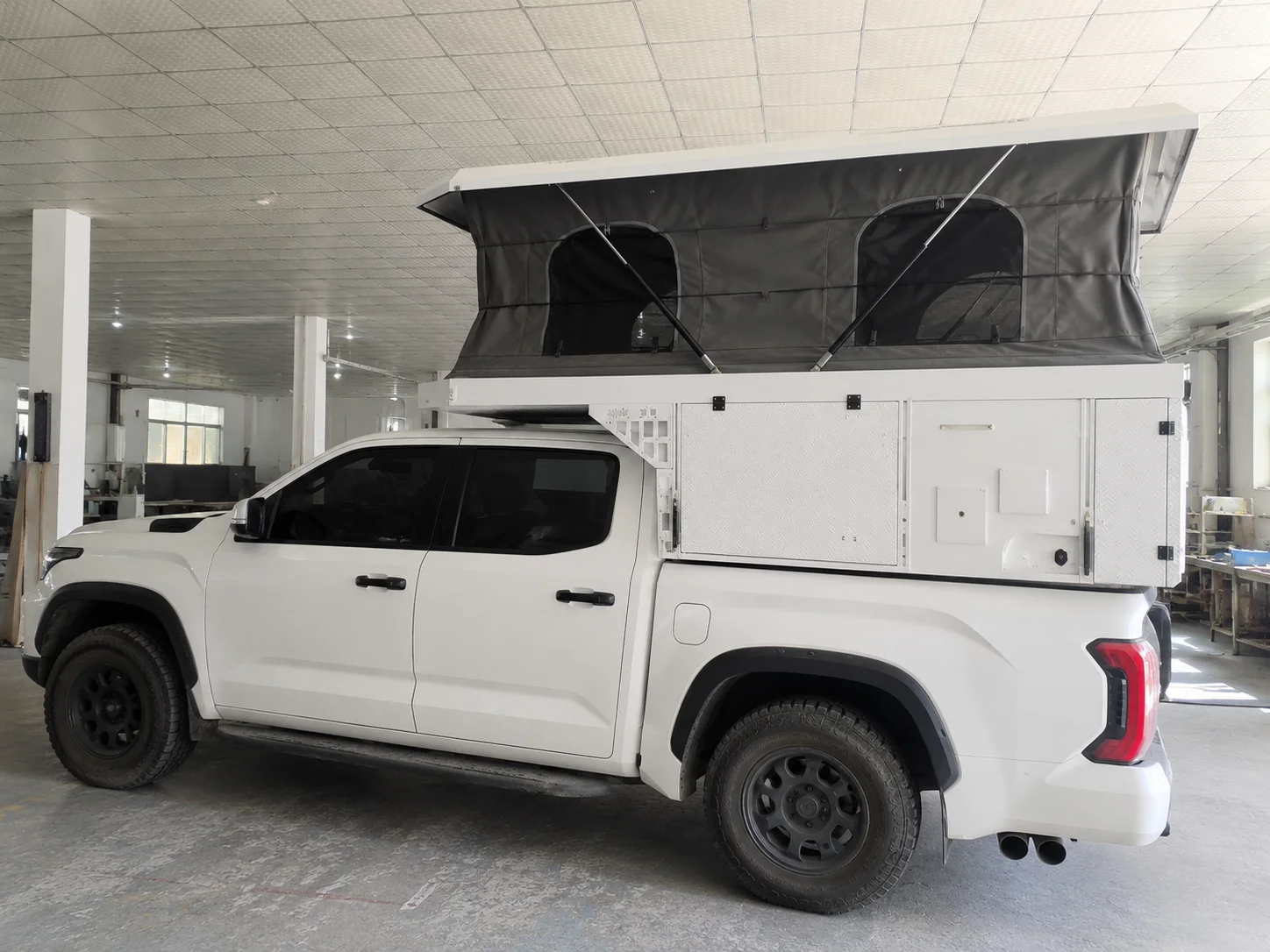 Truck Bed Slide in Camper Canopy with Lift Roof Tent for Outdoor Adventure Camping