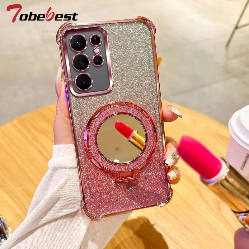 حافظة مطلية مقاومة للصدمات لهاتف سامسونج جالاكسي S25 S24 S23 S22 S21 S20 FE Ultra Plus 5G غطاء حامل مغناطيسي مرآة