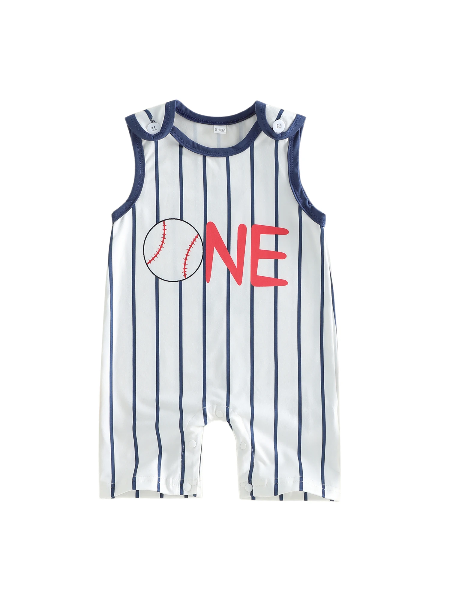

Toddler Boy Sleeveless Striped Romper with Round Neck and Baseball Print Perfect for Birthday Parties and Playdates