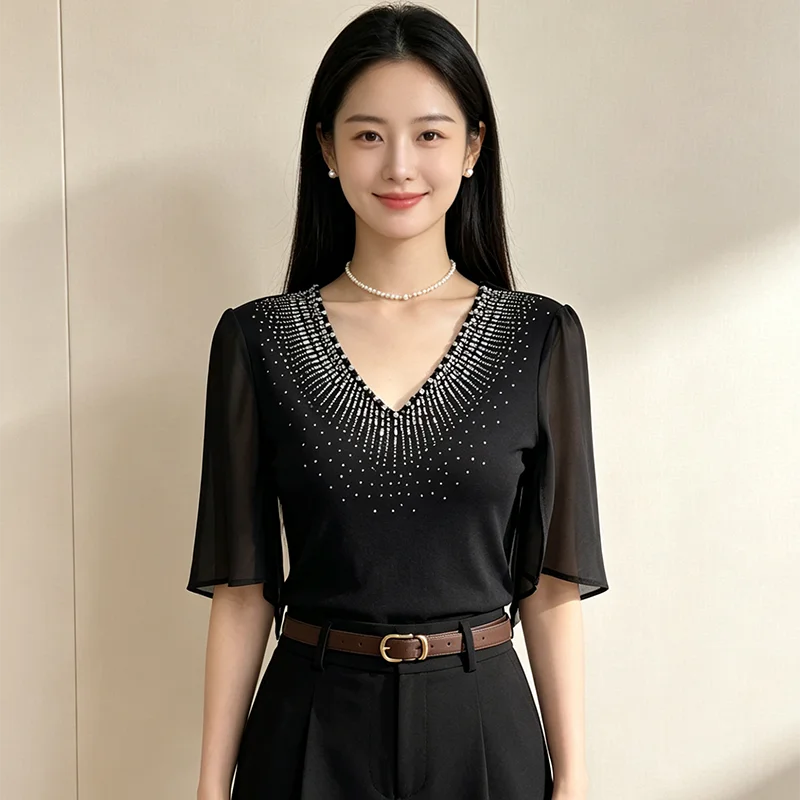 Summer Women's Slim Fit T-Shirt Fashionable Diamond Embellished V-Neck Bell Sleeve Casual Style Universal Size Five Sleeve