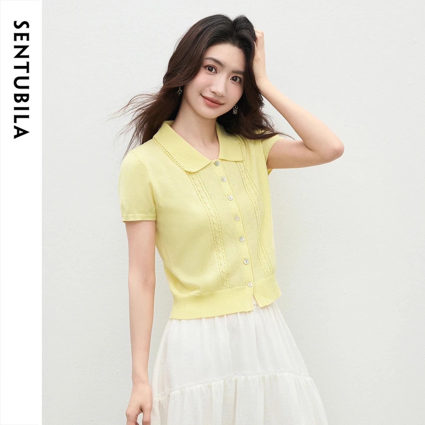 

SENTUBILA Cropped Cable Knit Short Sleeve Top Women Hollow Lace Trim Lapel Collar Shell Buttons Casual Summer Cardigan W62HJ7465