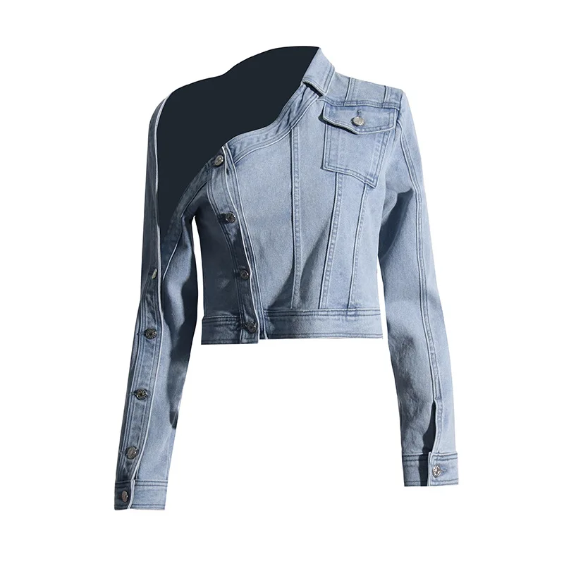 Large Size Blue  Jacket Casual Short Streetwear Stand-Up Collar One Shoulder Long Sleeve Button Denim Jacket Fall Winter