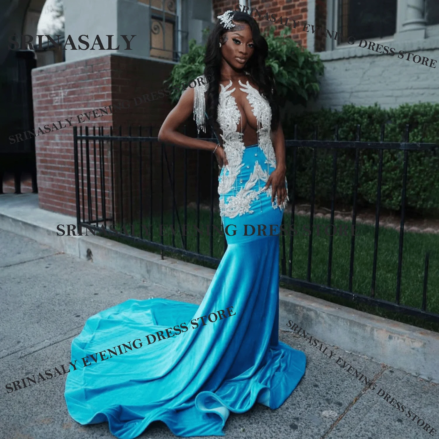 

Exquisite Diamond Long Mermaid Prom Dresses Customized For Black Girl Beading Sequin Formal Feather Sleeveless Evening Gown Robe