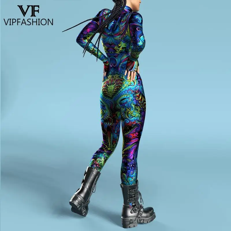 VIP FASHION Abstract Art Cosplay Costume for Woman Holiday Party Jumpsuit Sexy Zentai Bodysuit 12% Spandex Front Zipper Suits