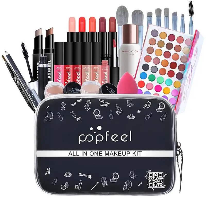 Kit completo de maquillaje para mujer, conjunto de maquillaje de belleza para principiantes, incluye paleta de sombra de ojos, lápiz labial, pincel de lápiz de cejas