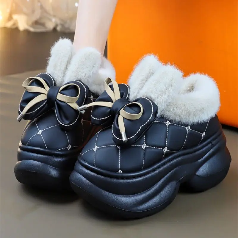 

New elevated fluffy slippers women's winter plush booties waterproof slip on shoes ladies high heels bow rabbit furry slipper
