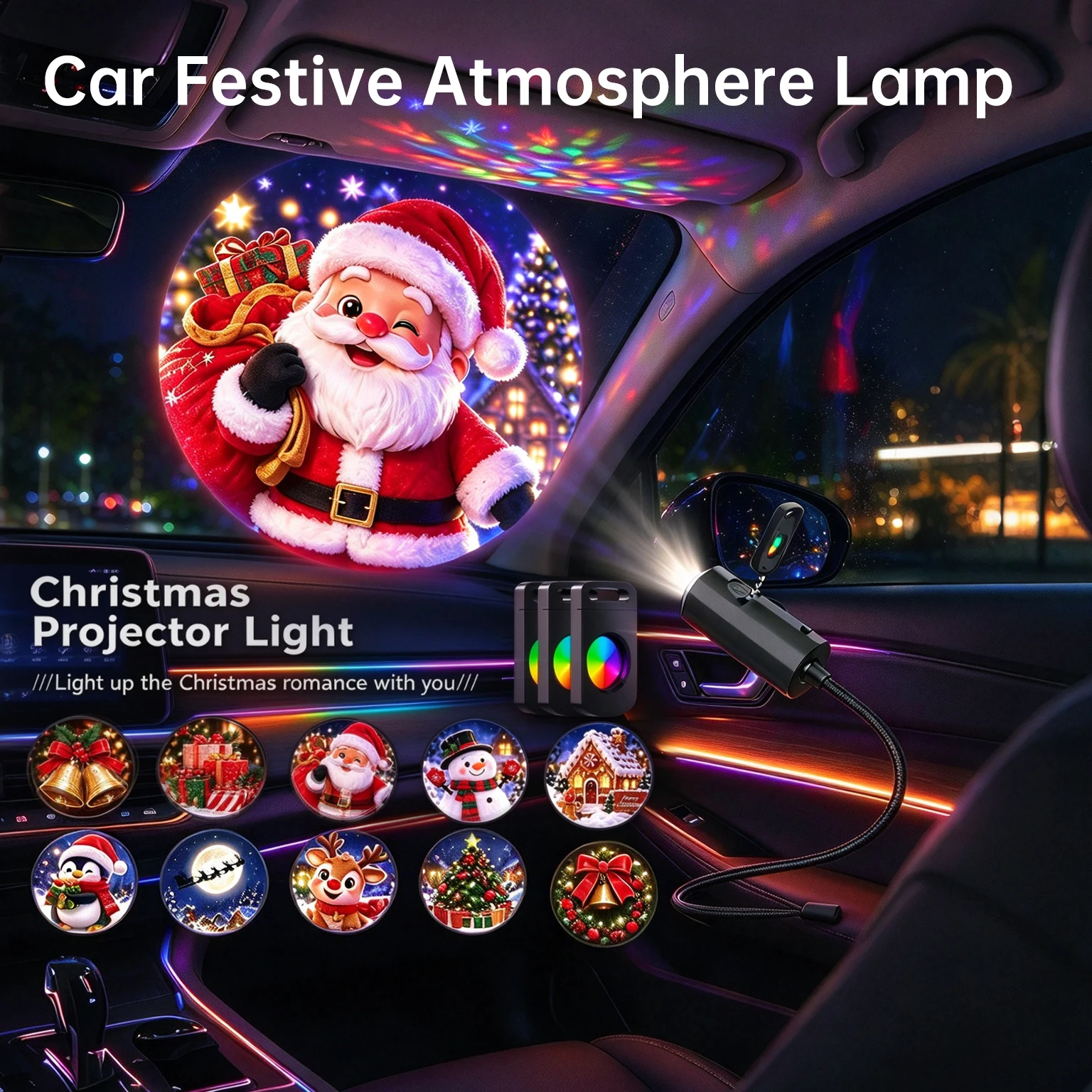 USB Christmas High Definition Car Projection Light Universal Hose Adjustable Angle Santa Pattern Festival Scene Atmosphere Light