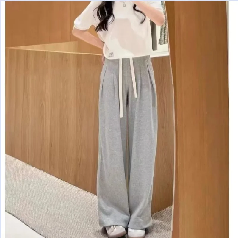 

2024 autumn and winter new fashionable and versatile loose drawstring elastic waist wide leg casual sweatpants