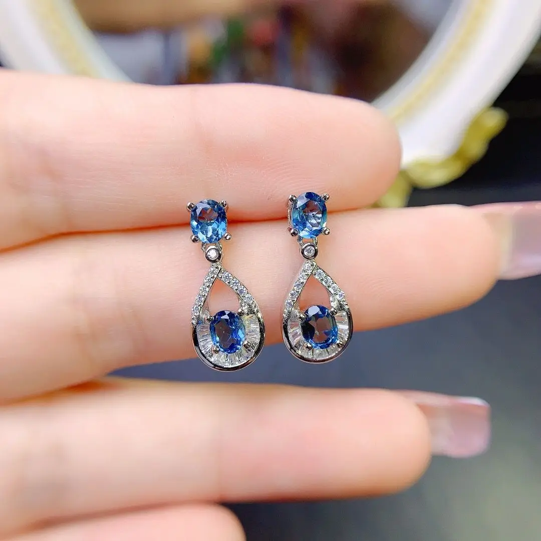 ZECAA เครื่องประดับ Drop ต่างหู London Blue Topaz อัญมณี 4*5 มม.ต่างหูเครื่องประดับสําหรับผู้หญิง Lady Vintage เงินต่างหู
