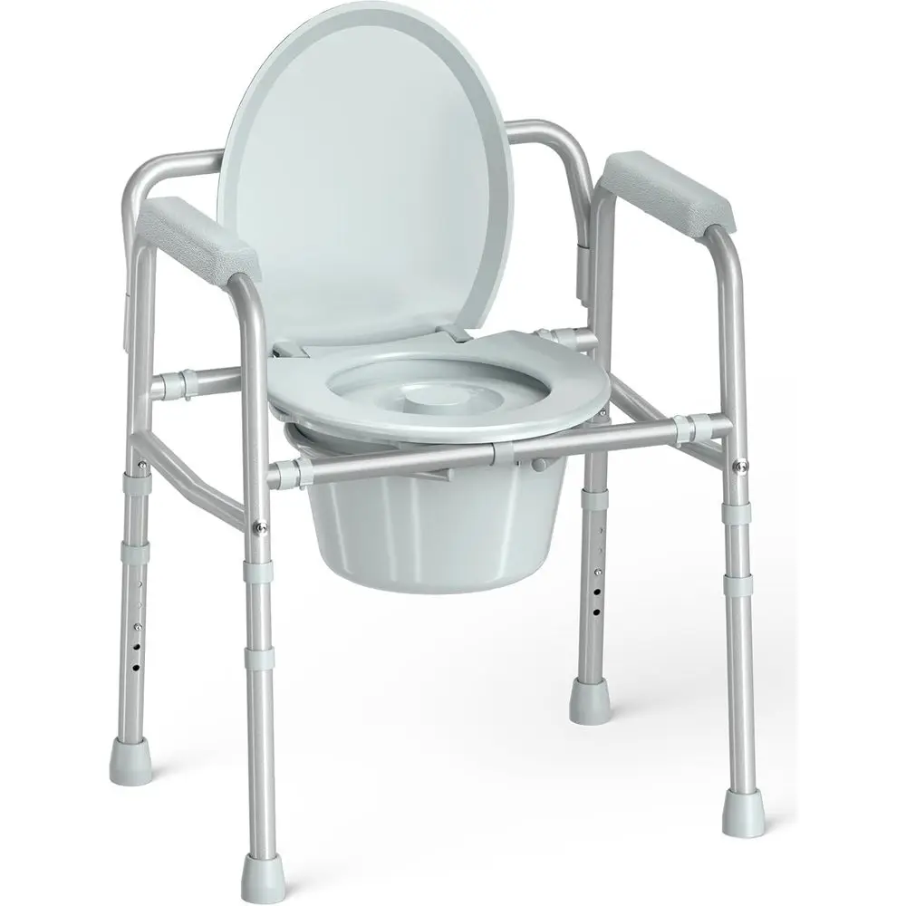 HOMLAND 3-in-1 Bedside Commode Toilet with Sturdy Dual-Crossbar, 350lb | Height Adjustable, Portable Toilet with 7.5Qt Potty Buc