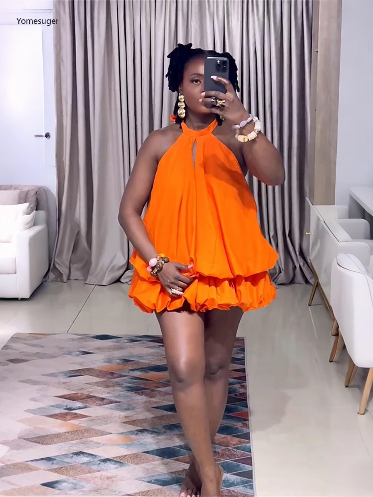 Yomesugar sexy halter sem costas vestido feminino hipster y2k oco bolha sem mangas dupla camada férias de verão meia-noite clubwear