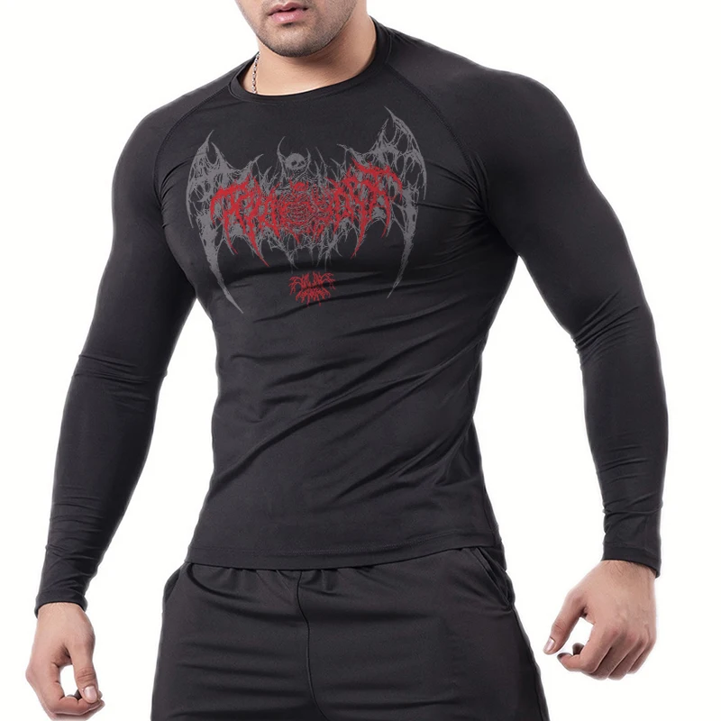 เสื้อคอมเพรสชั่นแขนยาวลายปีกหัวกะโหลกสำหรับผู้ชาย เสื้อออกกำลังกาย เสื้อวิ่ง เสื้อซับใน เสื้อกีฬา สำหรับฤดูใบไม้ผลิและฤดูใบไม้ร่วง