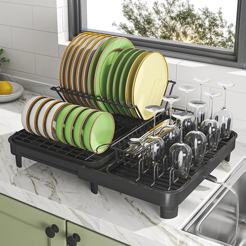 Kitchen Dish Drying Rack Utensils Drainer Holder with Drain Board Countertop Dinnerware Plates Bowls Chopsticks Spoons Organizer