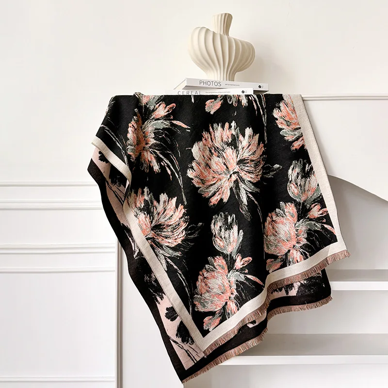 

Брендовый элегантный шарф из пашмины с цветочным принтом, ультрамягкие и теплые накидки, шали с бахромой, осенне-зимние товары для улицы