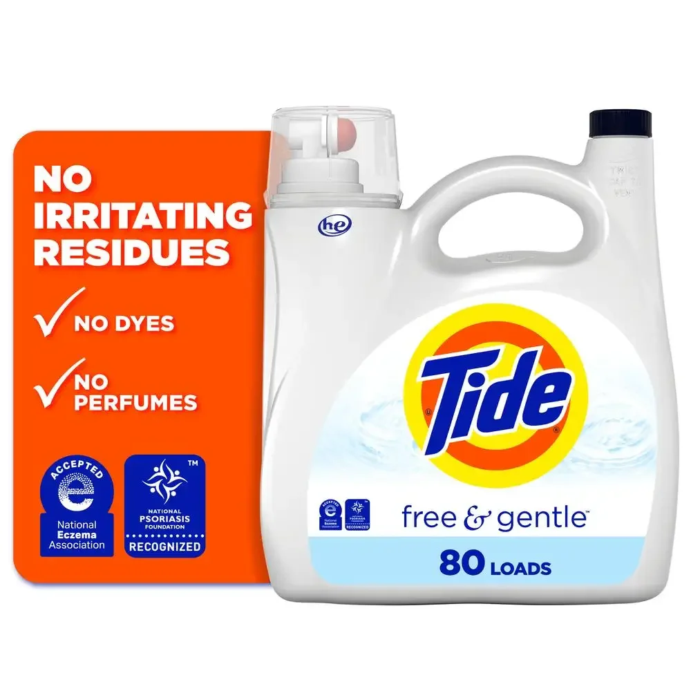 Hypoallergenic Laundry Solution Tide Free & Gentle Liquid Detergent 80 Loads 105 fl oz Deep Cleaning Power Sensitive Skin Care