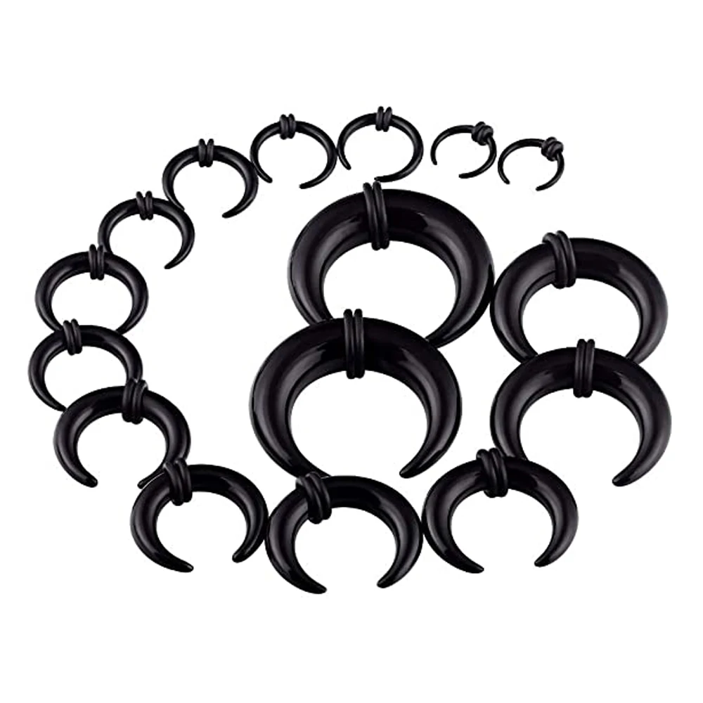 WKOUD 2pcs Acrylic Crescent Shaped Horseshoes Taper Set Pincher Septum Rings Gauges 14G 12G 8G 6G 4G 2G 0G 00G, 8 Black Pairs