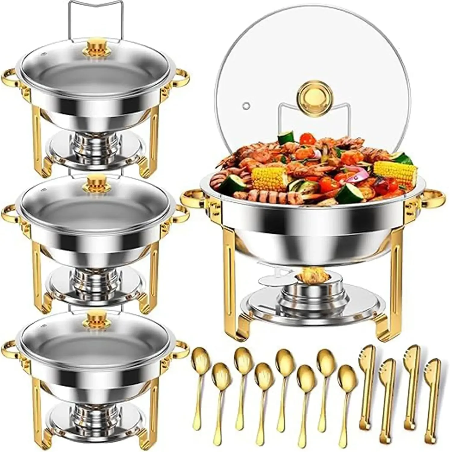 2/4pcs Luxury Hanging Stainless Steel Chafing Dish with Glass Lid, Buffet Food Warmer for Wedding Banquet