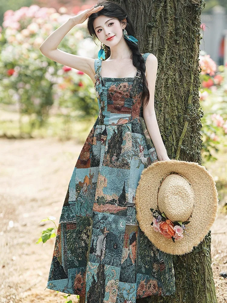 

Oil Painting Style Suspender Dress Women 2024 Summer Slash Neck French Suspender Long Dress Woman