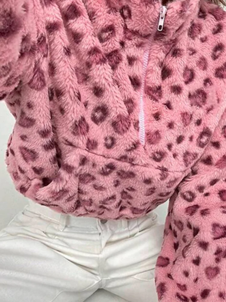 

Autumn Soft Loose Pullover Top Leopard Print Women's Fleece Jacket Thick Plush Warm Long-sleeved Stand-up Collar Jacket Coat