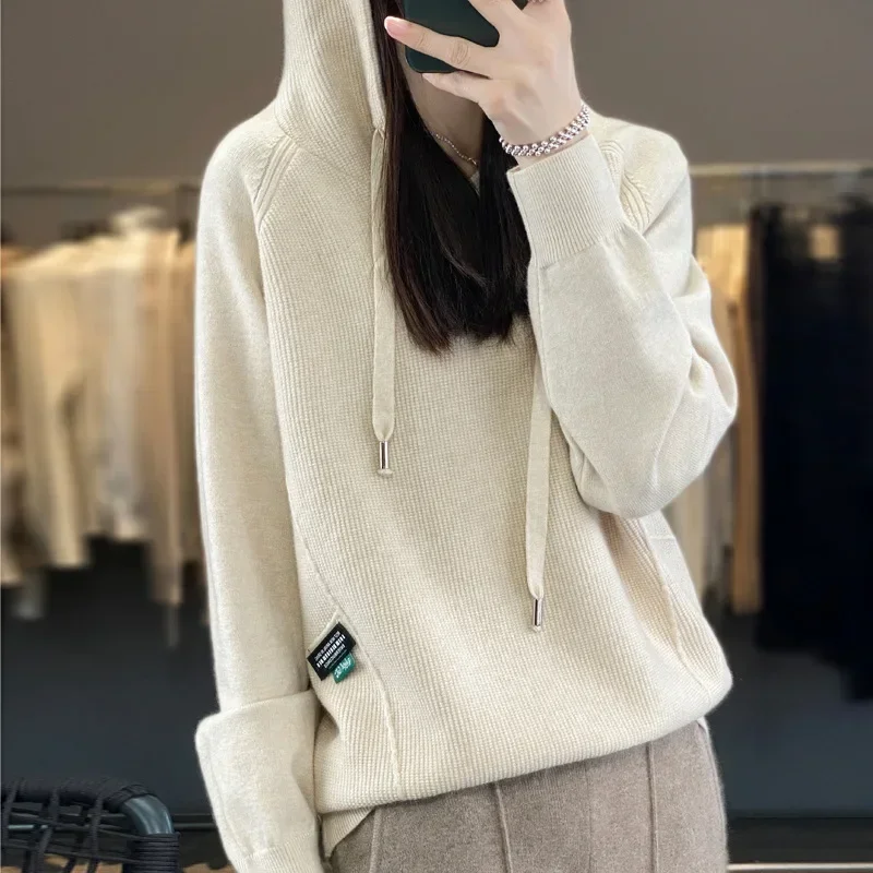 

Осень-зима женский модный однотонный свитер из материкового Китая свободный крой трикотаж с капюшоном пуловер толстый